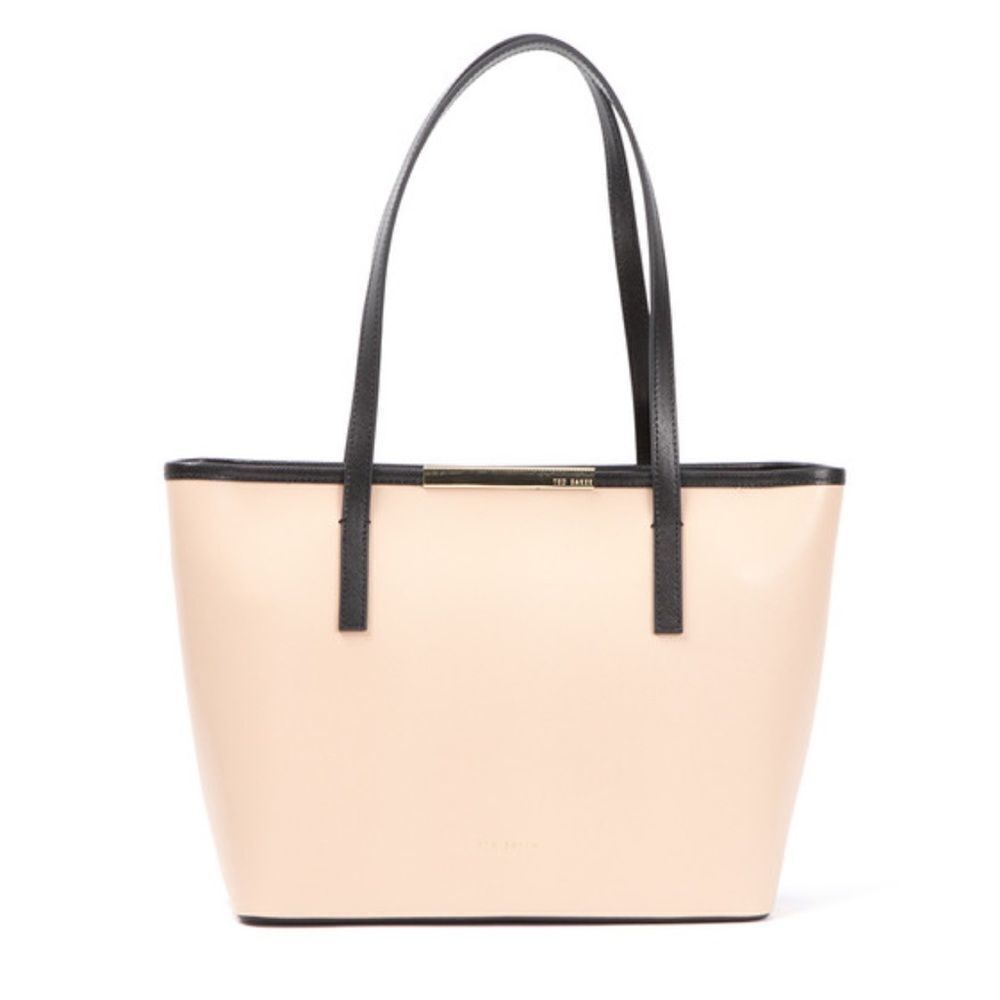 Ted Baker Black Beige Kym Mini Grain Gold Tone Metal Bar Shopper Tote